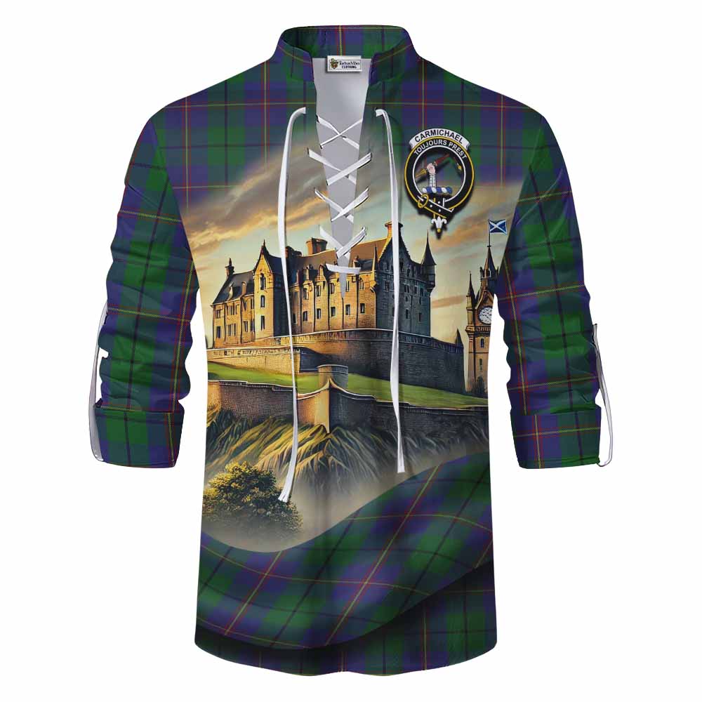 Tartan Vibes Clothing Carmichael Tartan Family Crest Ghillie Kilt Shirt with Scottish Ancient Castle Style