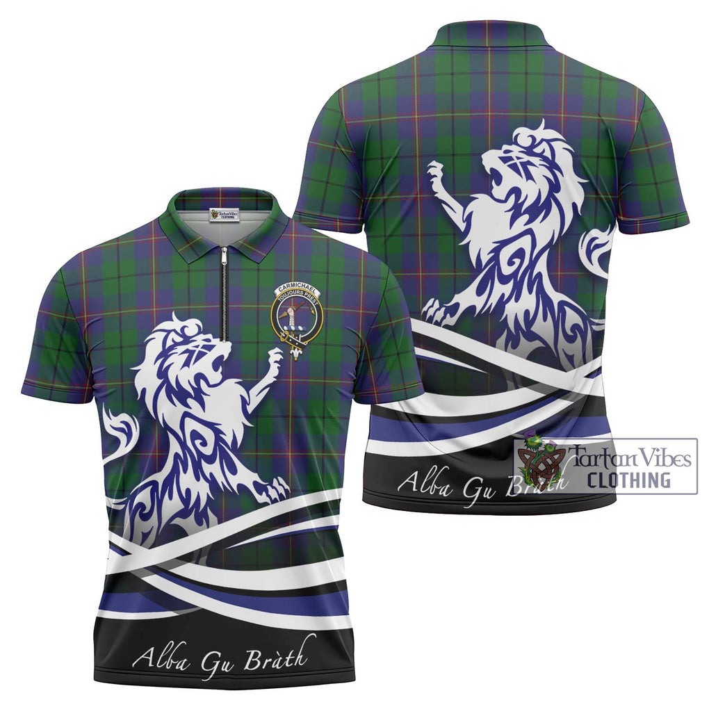 Carmichael Tartan Zipper Polo Shirt with Alba Gu Brath Regal Lion Emblem Unisex - Tartanvibesclothing Shop