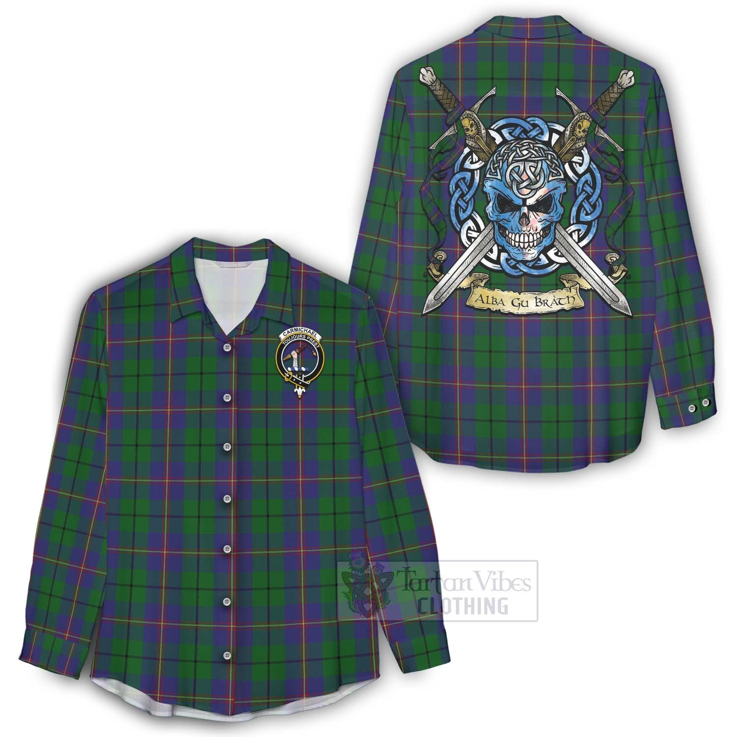 Tartan Vibes Clothing Carmichael Tartan Women's Casual Shirt with Family Crest Celtic Skull Style