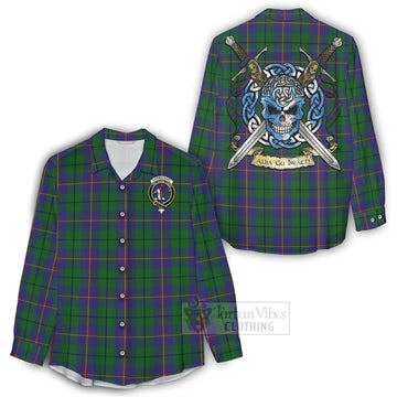Tartan Vibes Clothing Carmichael Tartan Women's Casual Shirt with Family Crest Celtic Skull Style