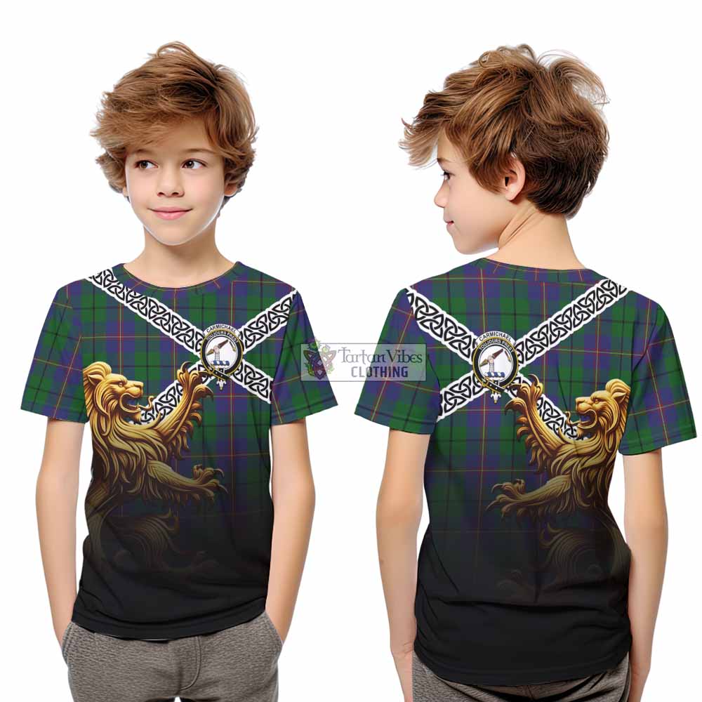Tartan Vibes Clothing Carmichael Crest Tartan Kid T-Shirt with Golden Lion Emblem Celtic Style