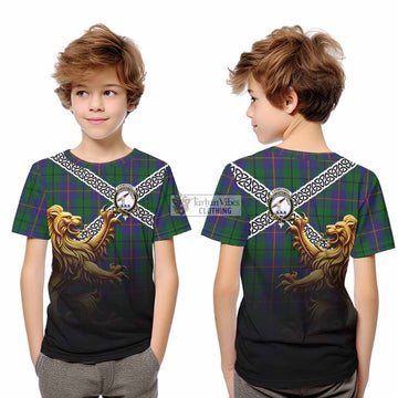 Tartan Vibes Clothing Carmichael Crest Tartan Kid T-Shirt with Golden Lion Emblem Celtic Style