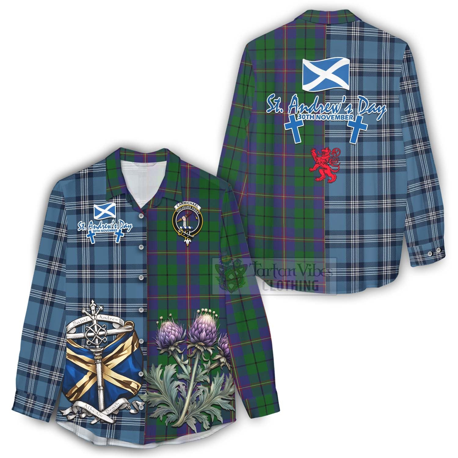 Tartan Vibes Clothing Carmichael Tartan Women's Casual Shirt Happy St. Andrew's Day Half Tartan Style