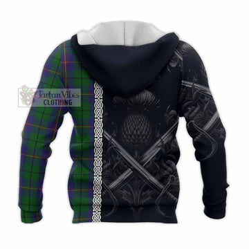 Tartan Vibes Clothing Carmichael Tartan Knitted Hoodie with Family Crest Cross Sword Thistle Celtic Vibes