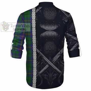 Tartan Vibes Clothing Carmichael Tartan Ghillie Kilt Shirt with Family Crest Cross Sword Thistle Celtic Vibes