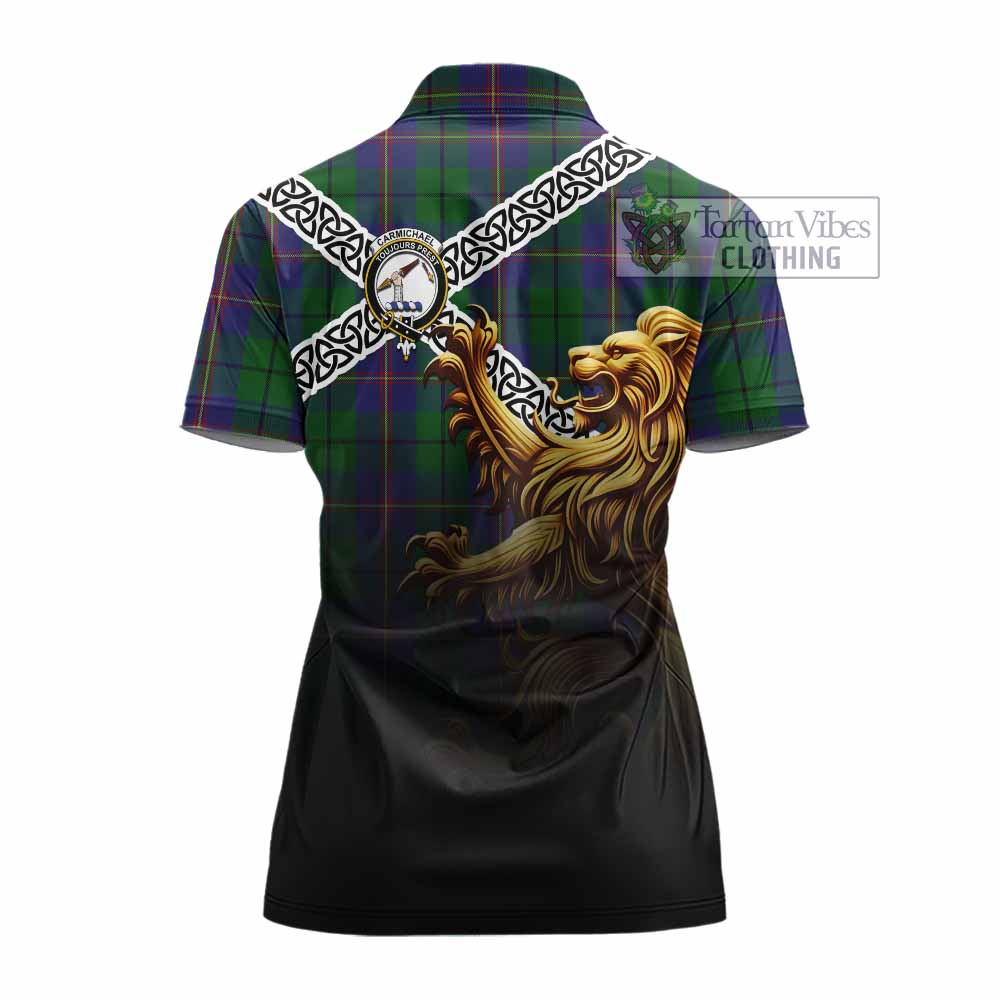 Tartan Vibes Clothing Carmichael Crest Tartan Women's Polo Shirt with Golden Lion Emblem Celtic Style