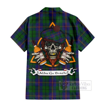 Tartan Vibes Clothing Carmichael Tartan Short Sleeve Button Shirt with Family Crest and Bearded Skull Holding Bottles of Whiskey