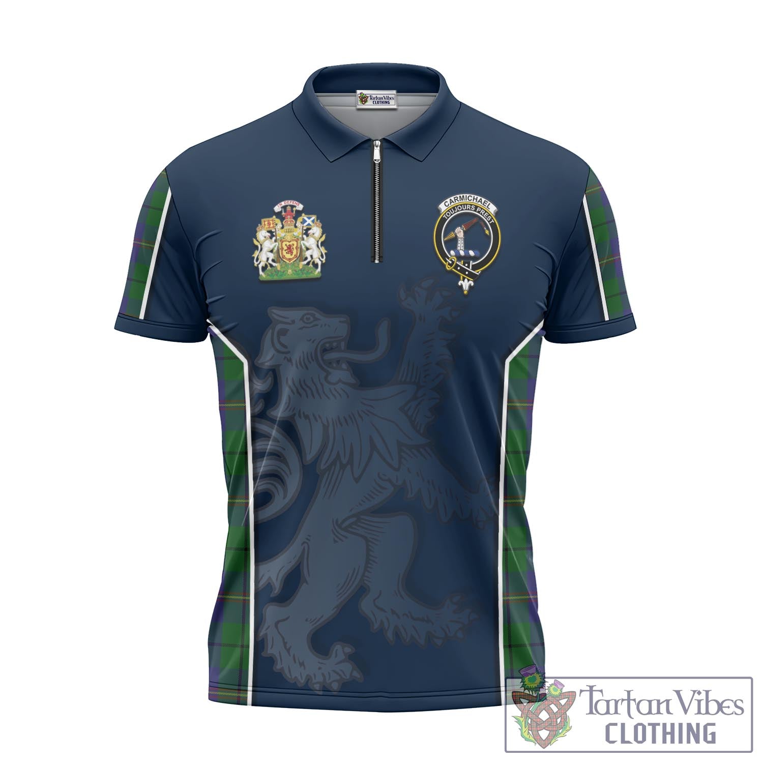 Tartan Vibes Clothing Carmichael Tartan Zipper Polo Shirt with Family Crest and Lion Rampant Vibes Sport Style