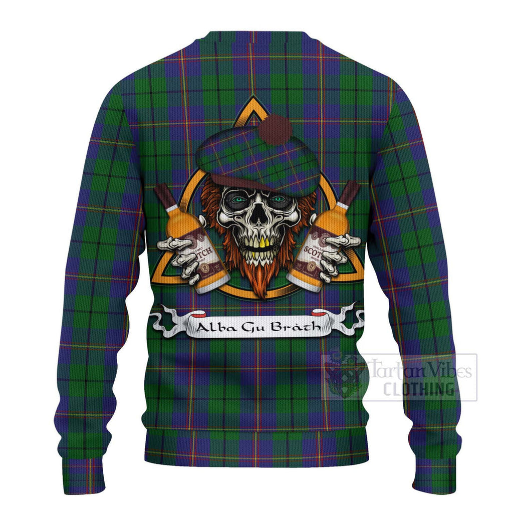 Tartan Vibes Clothing Carmichael Tartan Knitted Sweater with Family Crest and Bearded Skull Holding Bottles of Whiskey