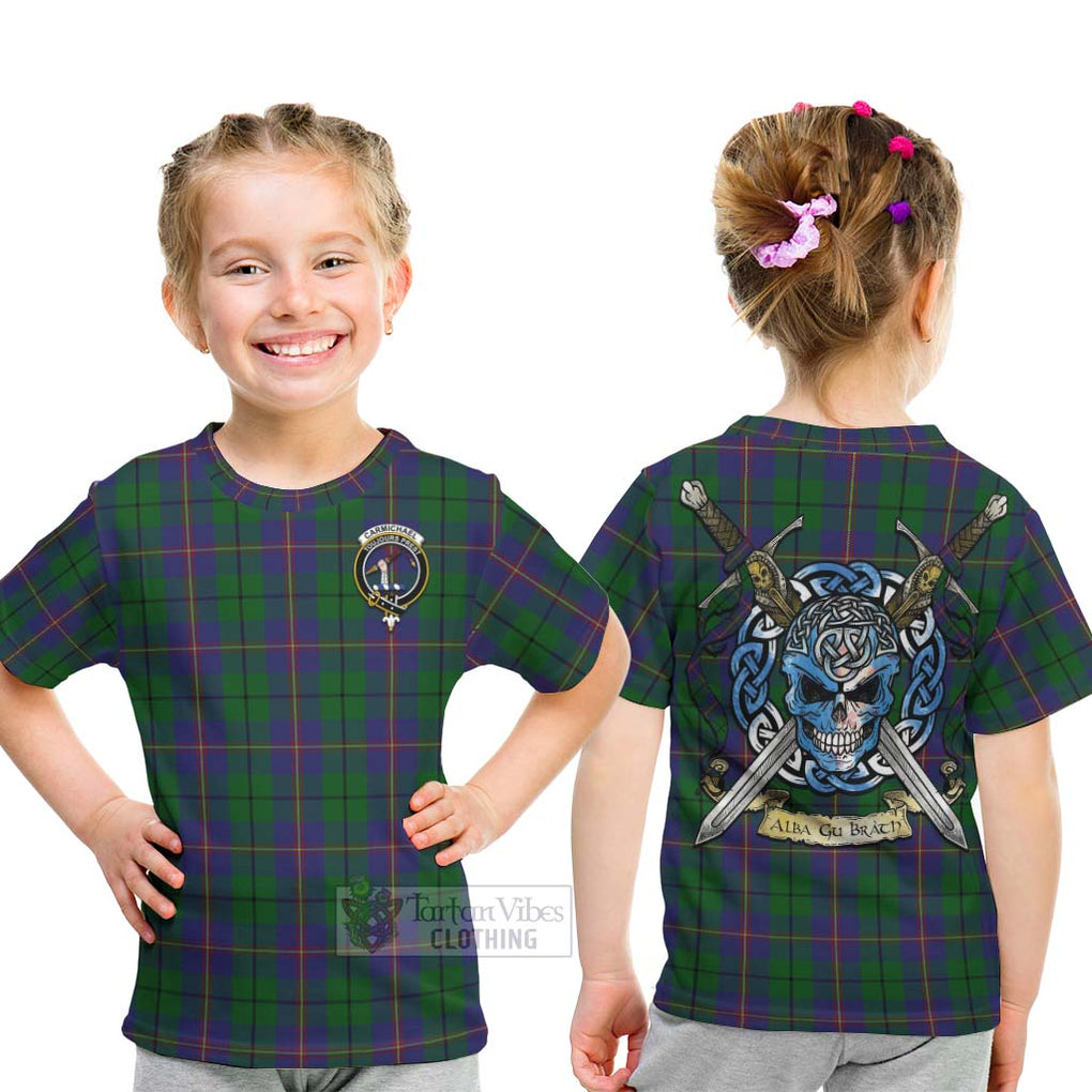 Tartan Vibes Clothing Carmichael Tartan Kid T-Shirt with Family Crest Celtic Skull Style