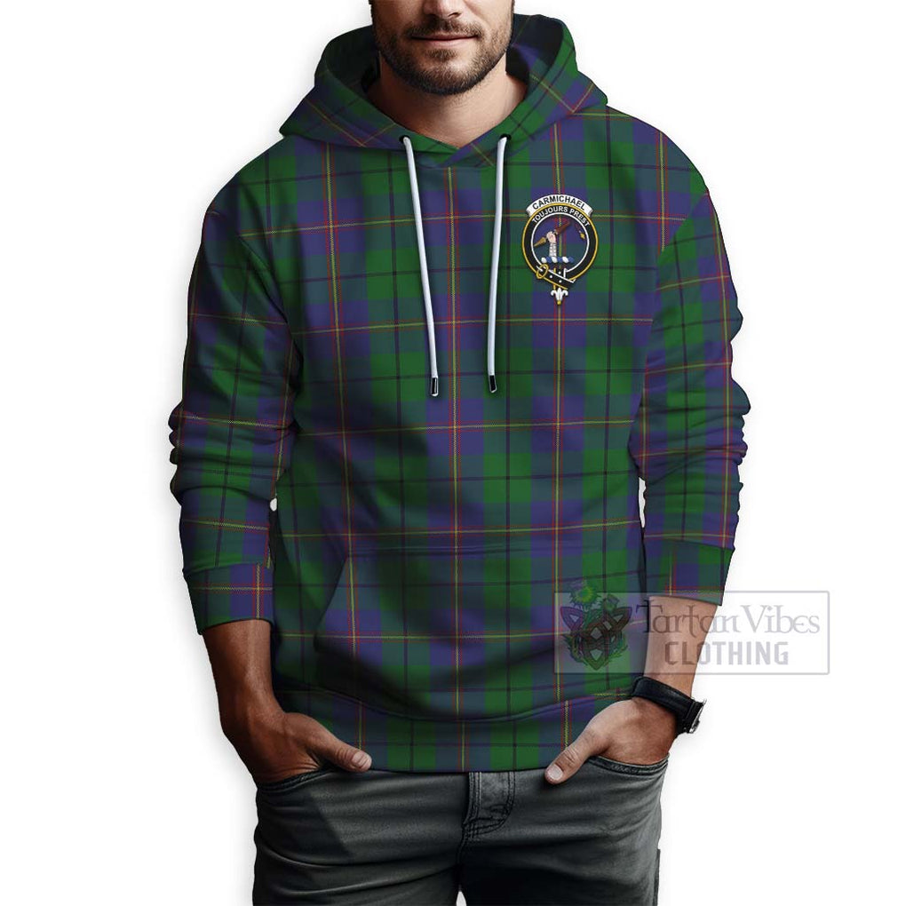 Tartan Vibes Clothing Carmichael Tartan Hoodie with Family Crest and Bearded Skull Holding Bottles of Whiskey