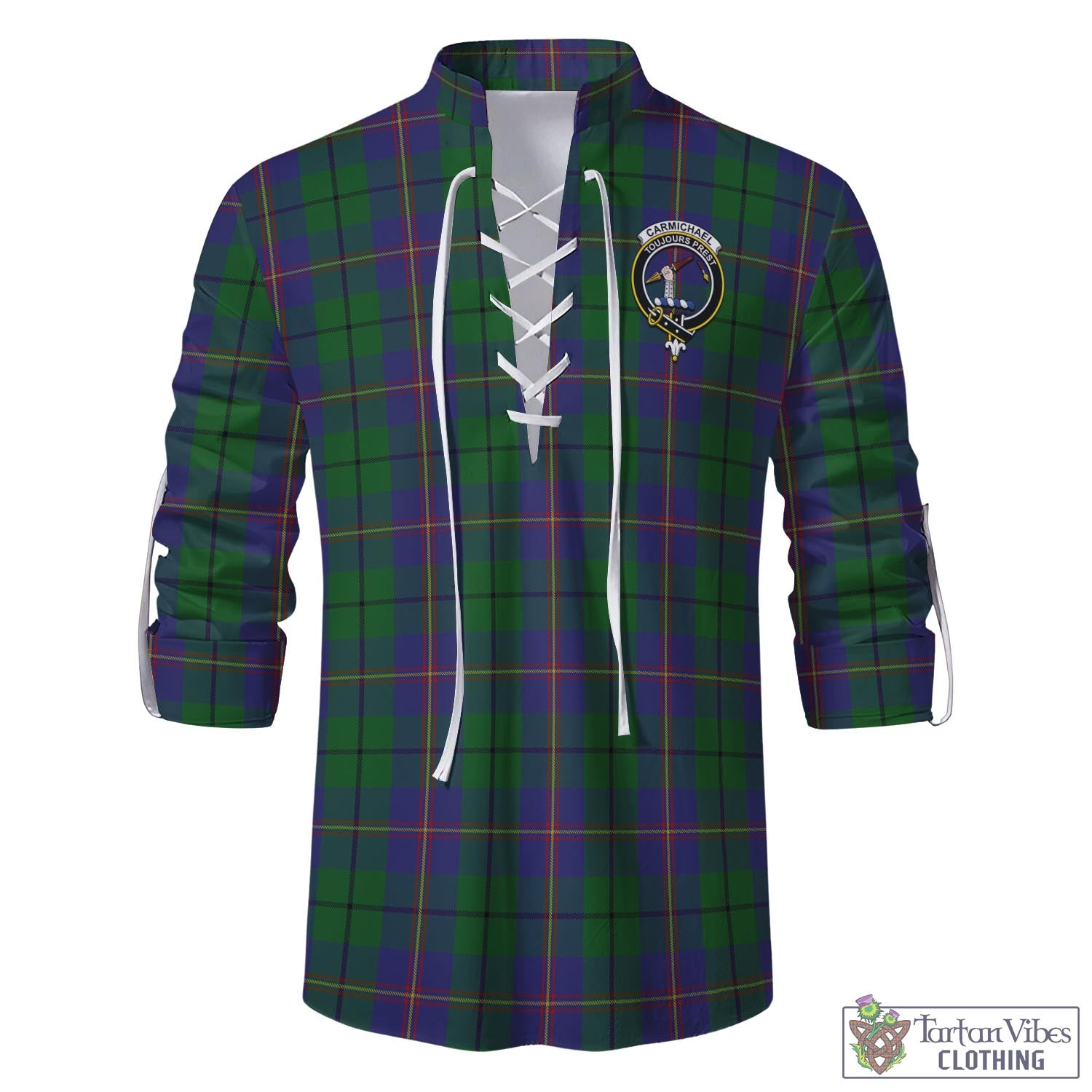 Tartan Vibes Clothing Carmichael Tartan Men's Scottish Traditional Jacobite Ghillie Kilt Shirt with Family Crest