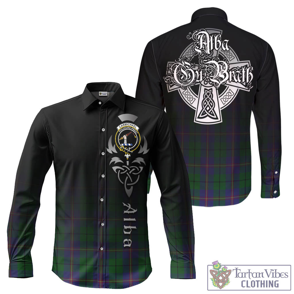 Tartan Vibes Clothing Carmichael Tartan Long Sleeve Button Up Featuring Alba Gu Brath Family Crest Celtic Inspired