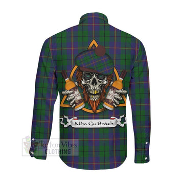 Tartan Vibes Clothing Carmichael Tartan Long Sleeve Button Shirt with Family Crest and Bearded Skull Holding Bottles of Whiskey