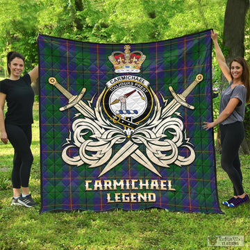 Tartan Vibes Clothing Carmichael Tartan Quilt with Clan Crest and the Golden Sword of Courageous Legacy