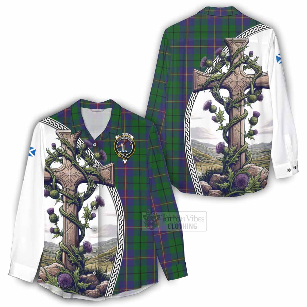 Tartan Vibes Clothing Carmichael Tartan Women's Casual Shirt with Family Crest and St. Andrew's Cross Accented by Thistle Vines