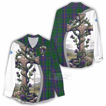 Tartan Vibes Clothing Carmichael Tartan Women's Casual Shirt with Family Crest and St. Andrew's Cross Accented by Thistle Vines