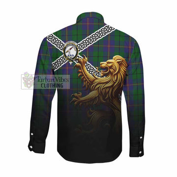 Tartan Vibes Clothing Carmichael Crest Tartan Long Sleeve Button Shirt with Golden Lion Emblem Celtic Style