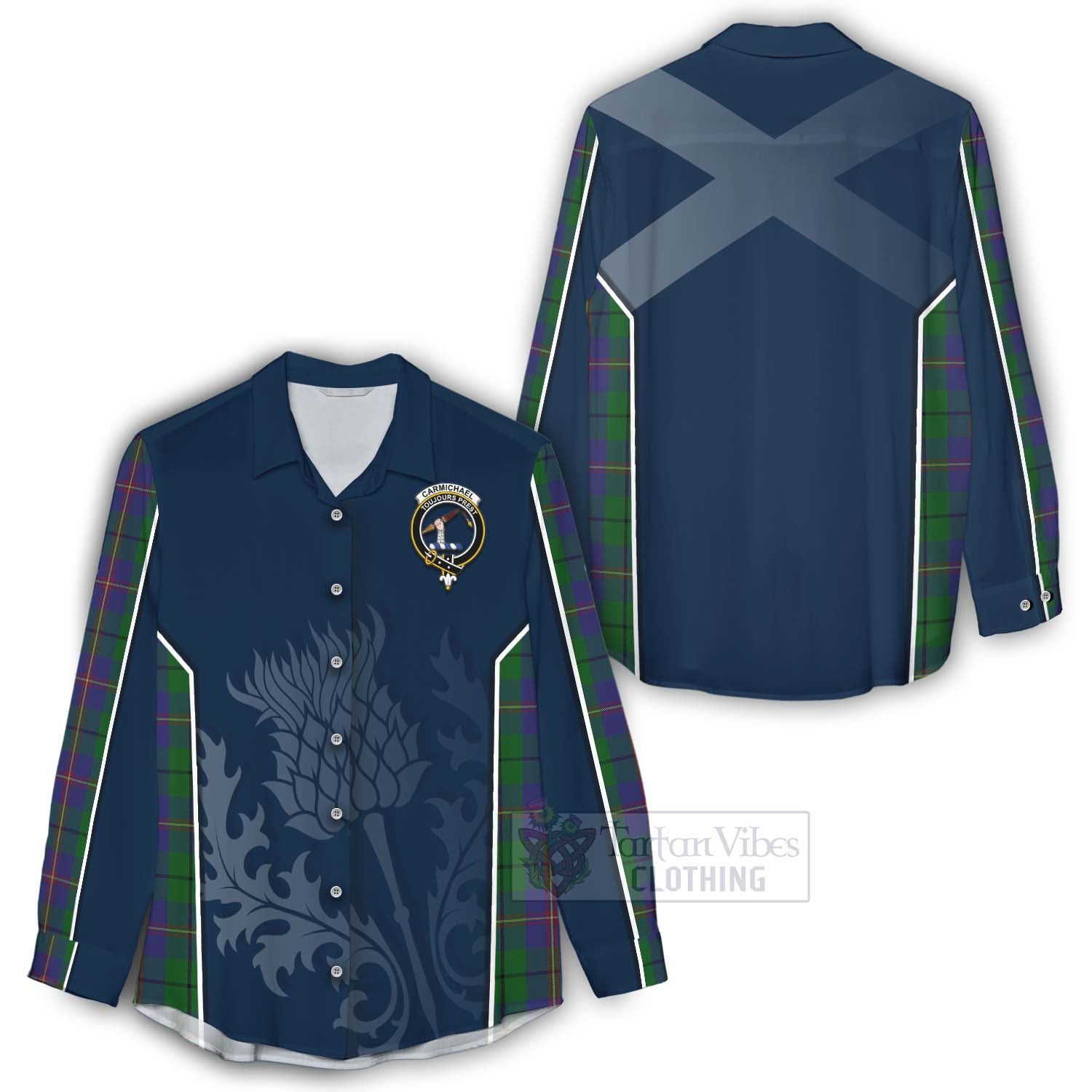 Tartan Vibes Clothing Carmichael Tartan Women's Casual Shirt with Family Crest and Scottish Thistle Vibes Sport Style