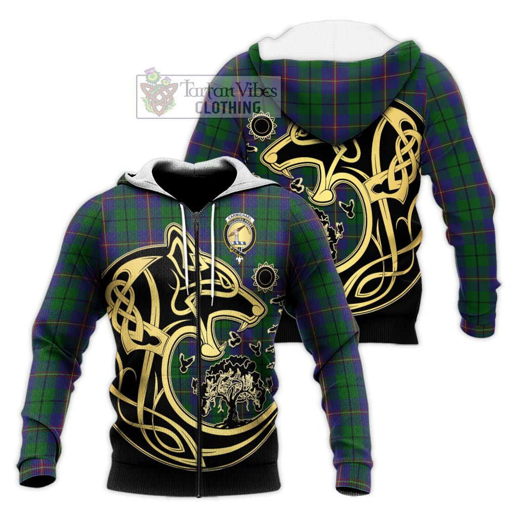 Carmichael Tartan Knitted Hoodie with Family Crest Celtic Wolf Style Unisex Knitted Zip Hoodie - Tartan Vibes Clothing