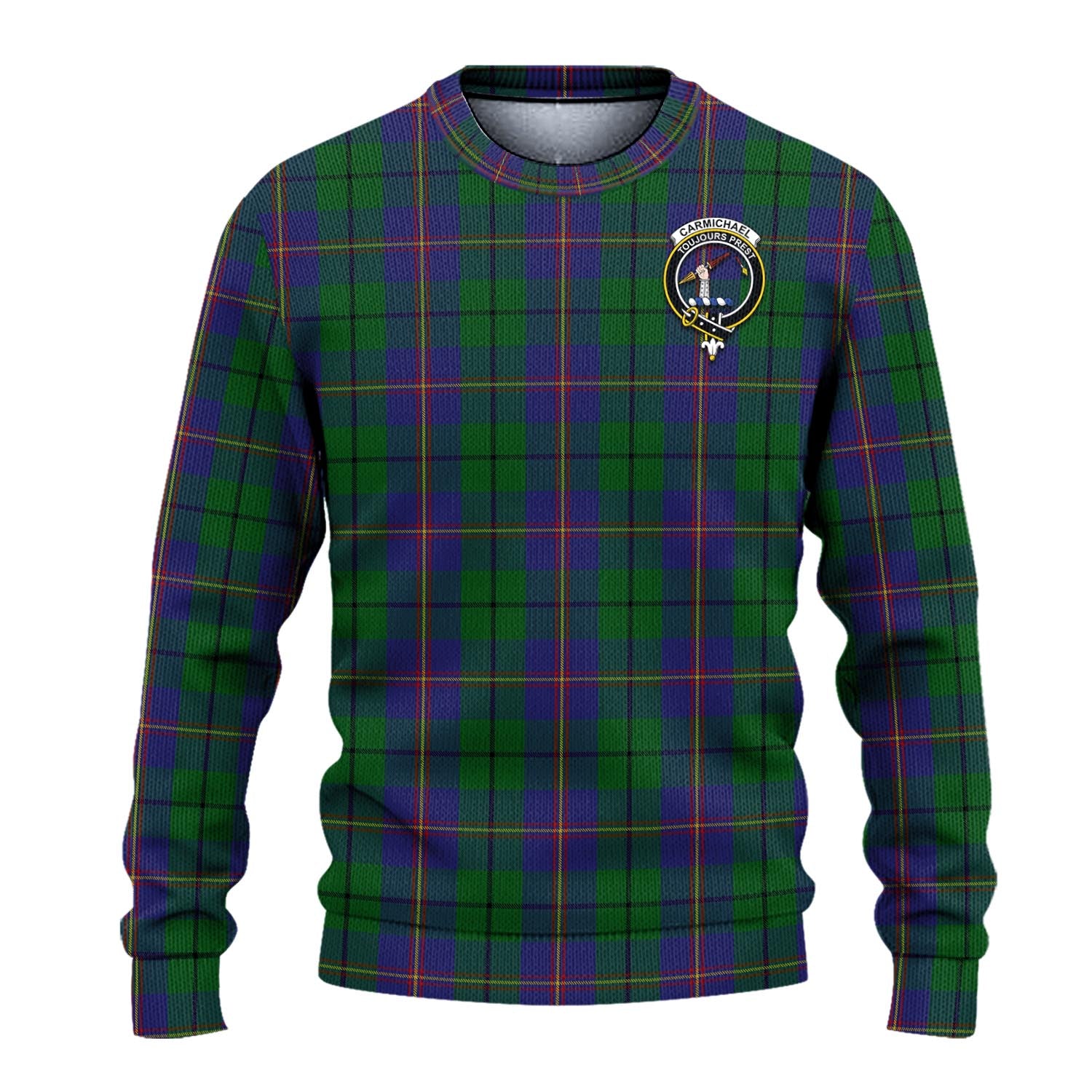 Carmichael Tartan Knitted Sweater with Family Crest - Tartanvibesclothing