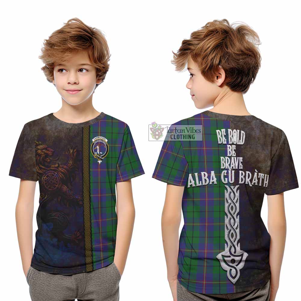 Tartan Vibes Clothing Carmichael Tartan Family Crest Kid T-Shirt Alba Gu Brath Be Brave Lion Ancient Style
