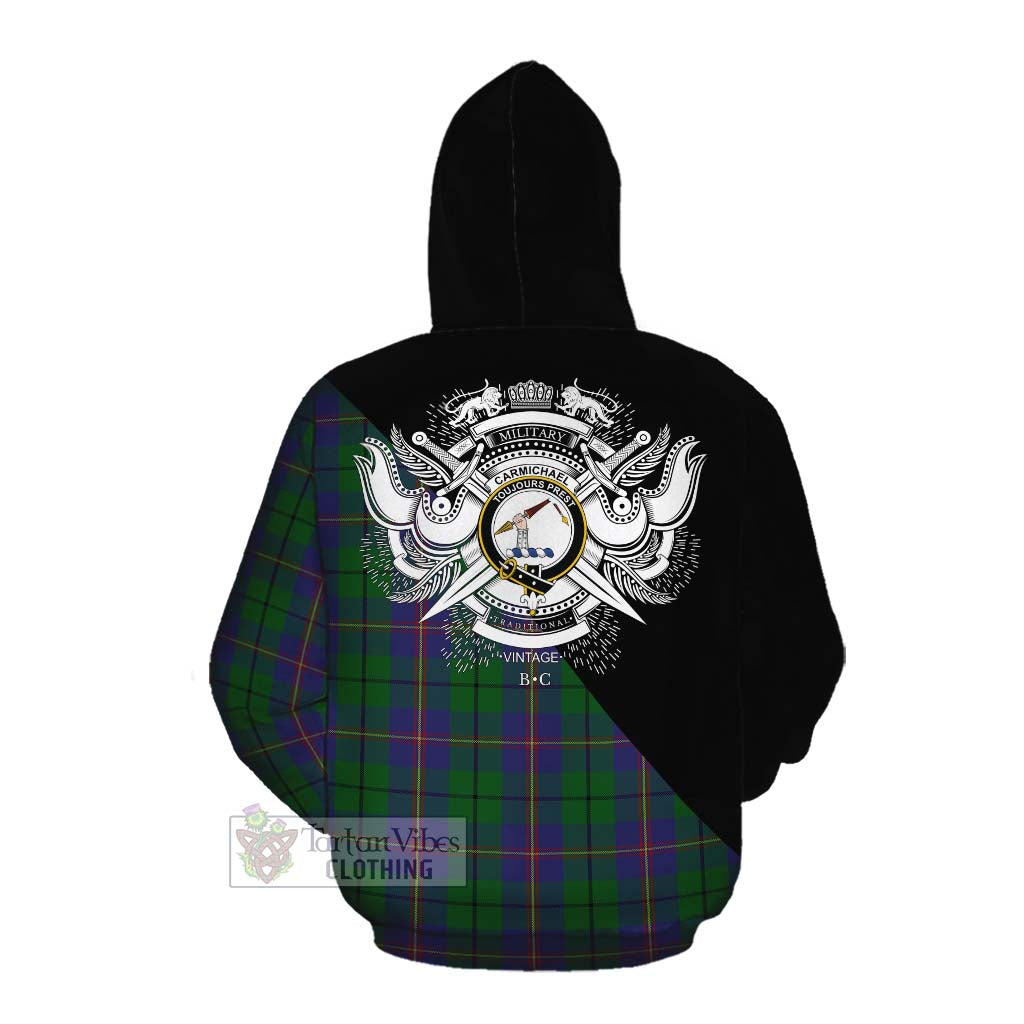 Tartan Vibes Clothing Carmichael Tartan Cotton Hoodie with Family Crest and Military Logo Style