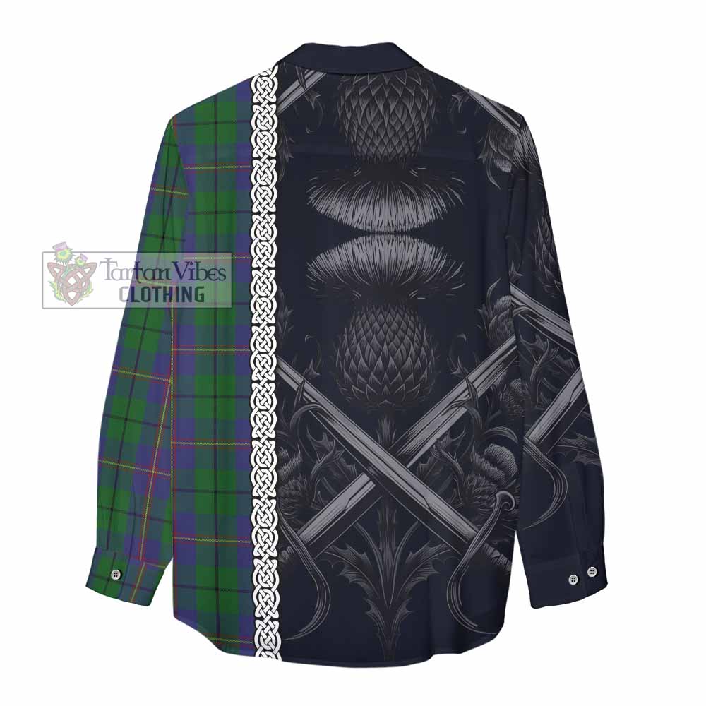 Tartan Vibes Clothing Carmichael Tartan Women's Casual Shirt with Family Crest Cross Sword Thistle Celtic Vibes