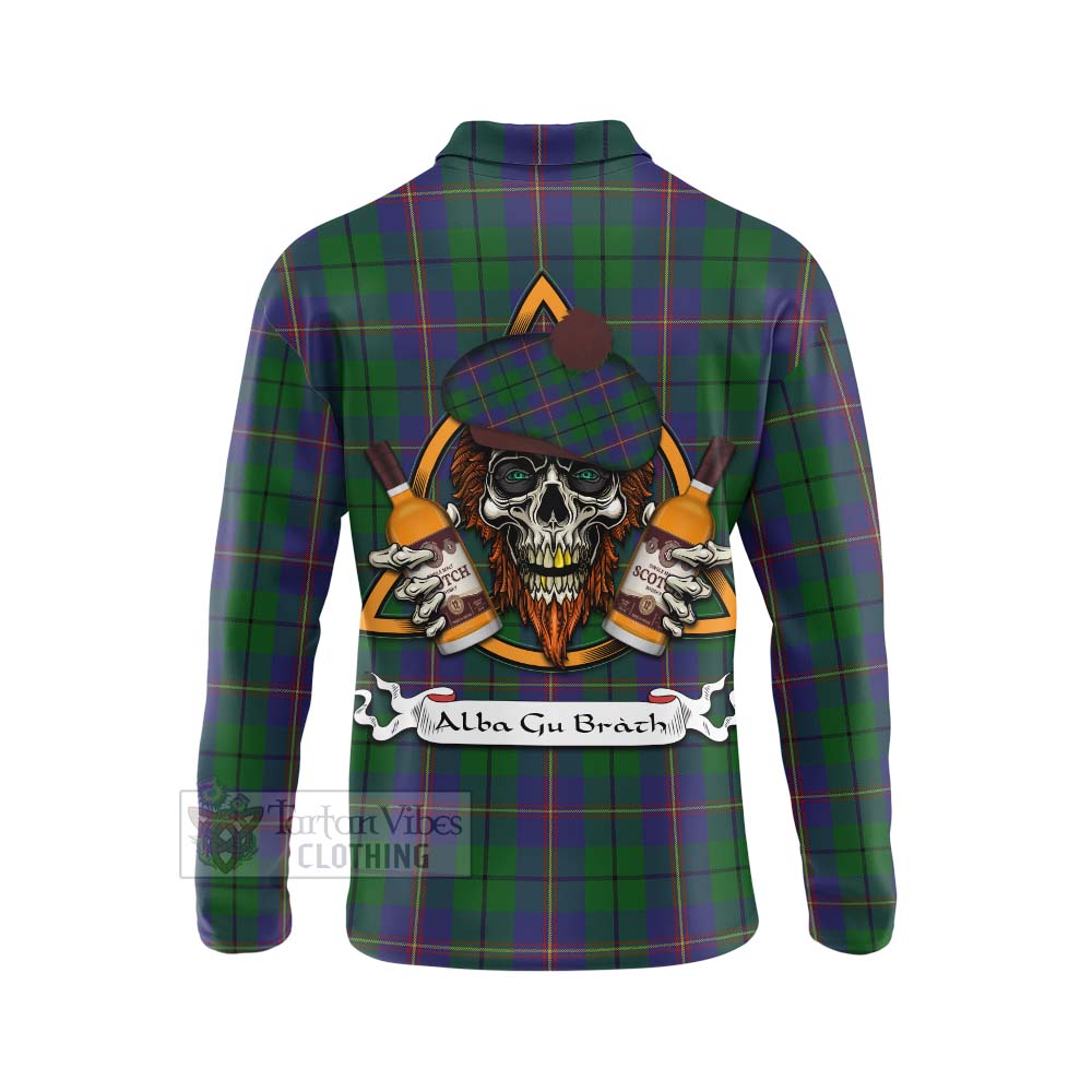 Tartan Vibes Clothing Carmichael Tartan Long Sleeve Polo Shirt with Family Crest and Bearded Skull Holding Bottles of Whiskey