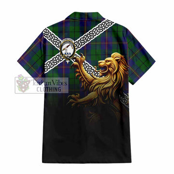 Tartan Vibes Clothing Carmichael Crest Tartan Short Sleeve Button Shirt with Golden Lion Emblem Celtic Style