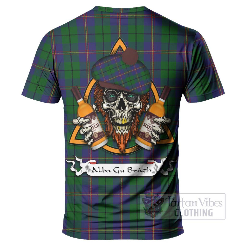 Tartan Vibes Clothing Carmichael Tartan T-Shirt with Family Crest and Bearded Skull Holding Bottles of Whiskey