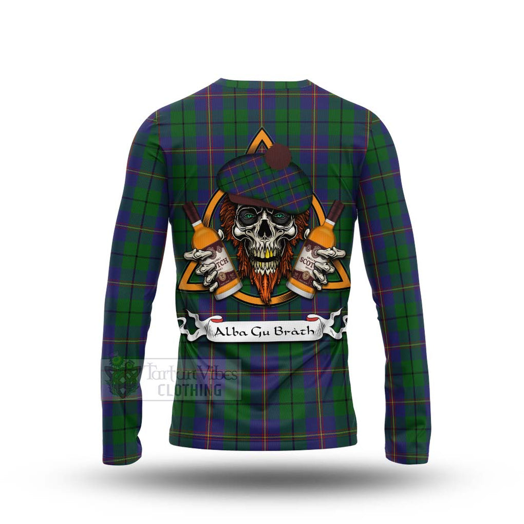 Tartan Vibes Clothing Carmichael Tartan Long Sleeve T-Shirt with Family Crest and Bearded Skull Holding Bottles of Whiskey