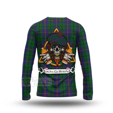 Tartan Vibes Clothing Carmichael Tartan Long Sleeve T-Shirt with Family Crest and Bearded Skull Holding Bottles of Whiskey