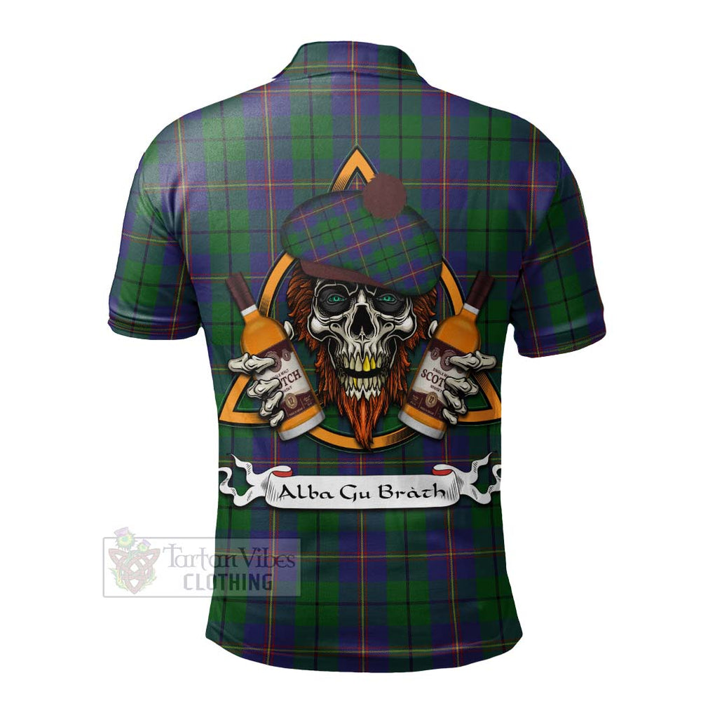 Tartan Vibes Clothing Carmichael Tartan Polo Shirt with Family Crest and Bearded Skull Holding Bottles of Whiskey