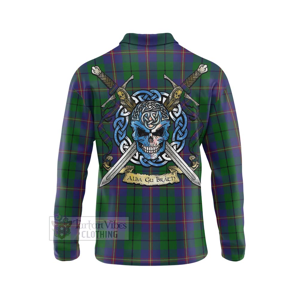 Tartan Vibes Clothing Carmichael Tartan Long Sleeve Polo Shirt with Family Crest Celtic Skull Style