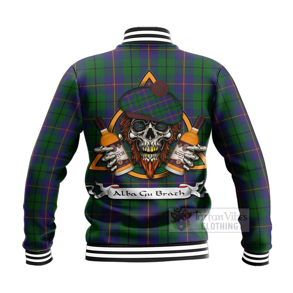 Tartan Vibes Clothing Carmichael Tartan Baseball Jacket with Family Crest and Bearded Skull Holding Bottles of Whiskey