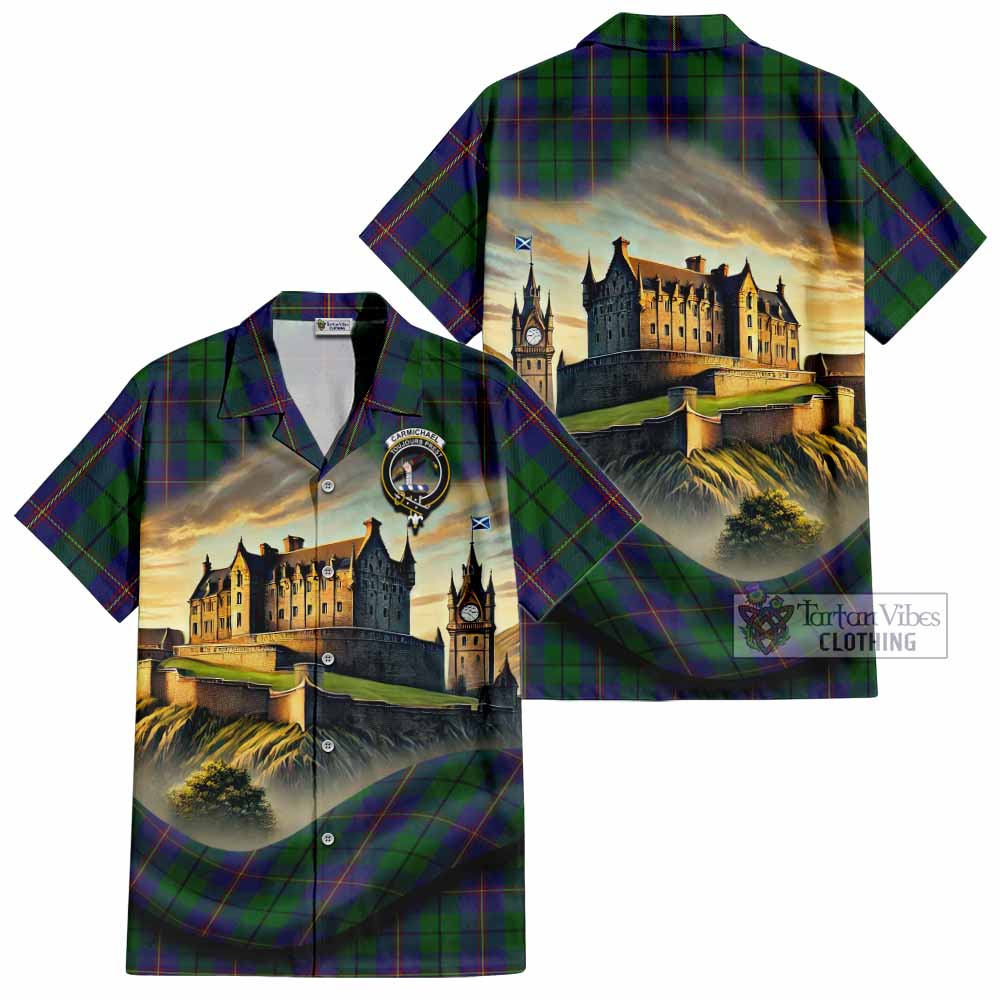 Tartan Vibes Clothing Carmichael Tartan Family Crest Short Sleeve Button Shirt with Scottish Ancient Castle Style