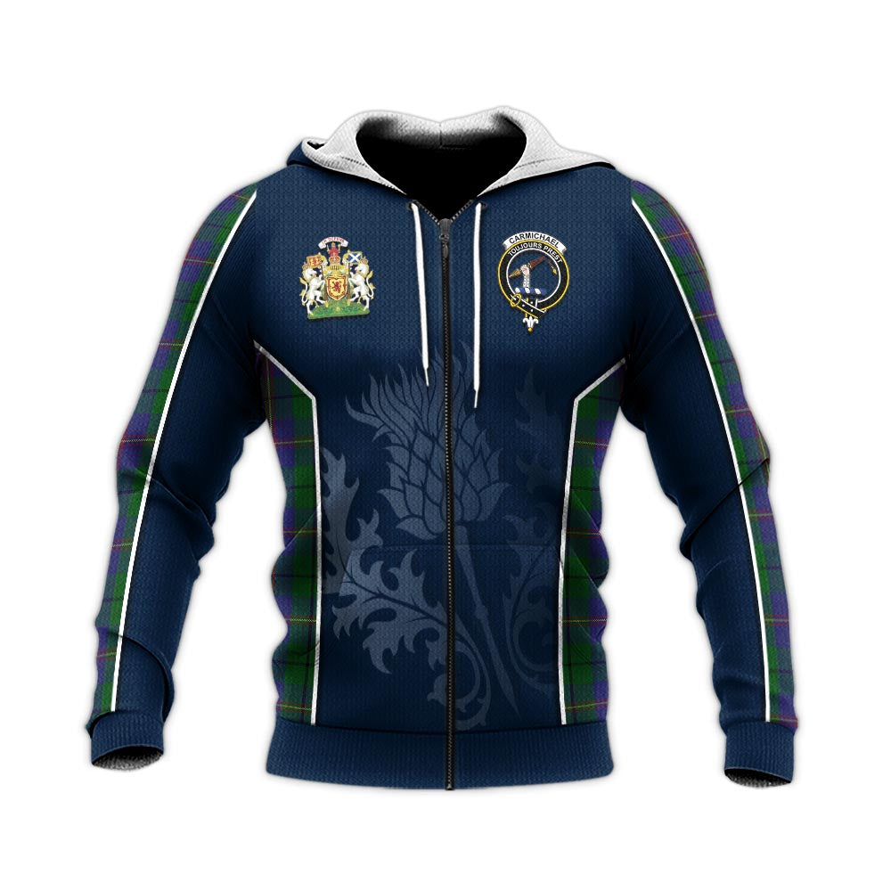 Tartan Vibes Clothing Carmichael Tartan Knitted Hoodie with Family Crest and Scottish Thistle Vibes Sport Style