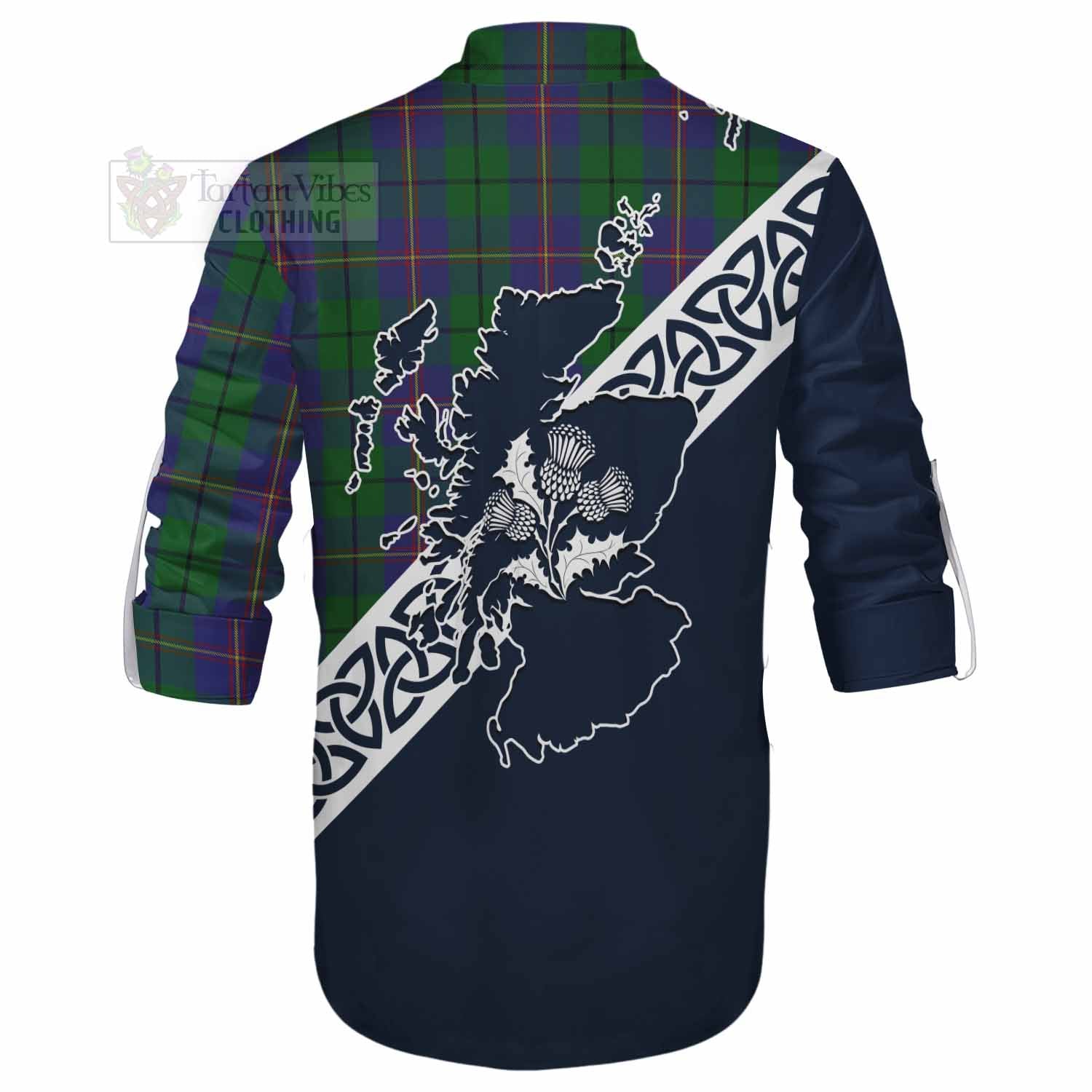 Tartan Vibes Clothing Carmichael Tartan Ghillie Kilt Shirt Featuring Thistle and Scotland Map