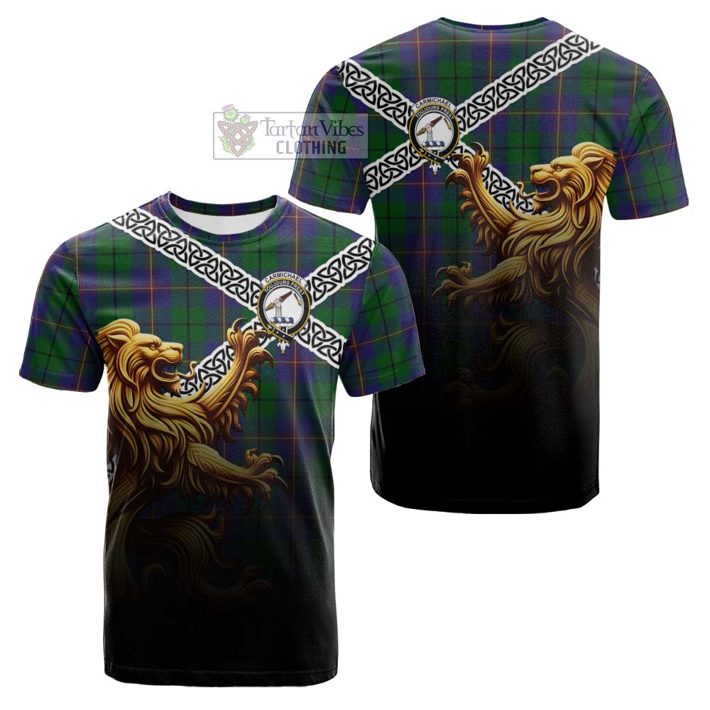 Tartan Vibes Clothing Carmichael Crest Tartan Cotton T-shirt with Golden Lion Emblem Celtic Style