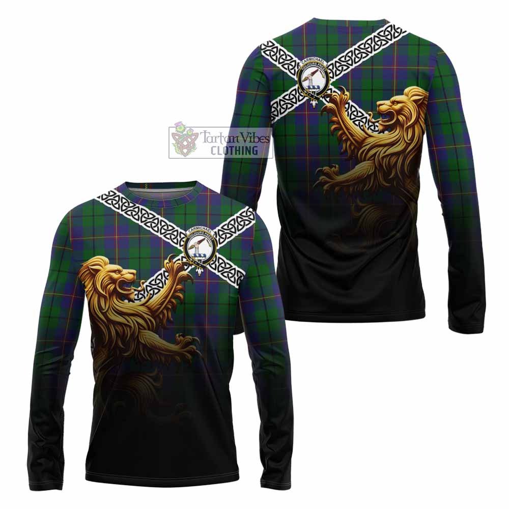 Tartan Vibes Clothing Carmichael Crest Tartan Long Sleeve T-Shirt with Golden Lion Emblem Celtic Style
