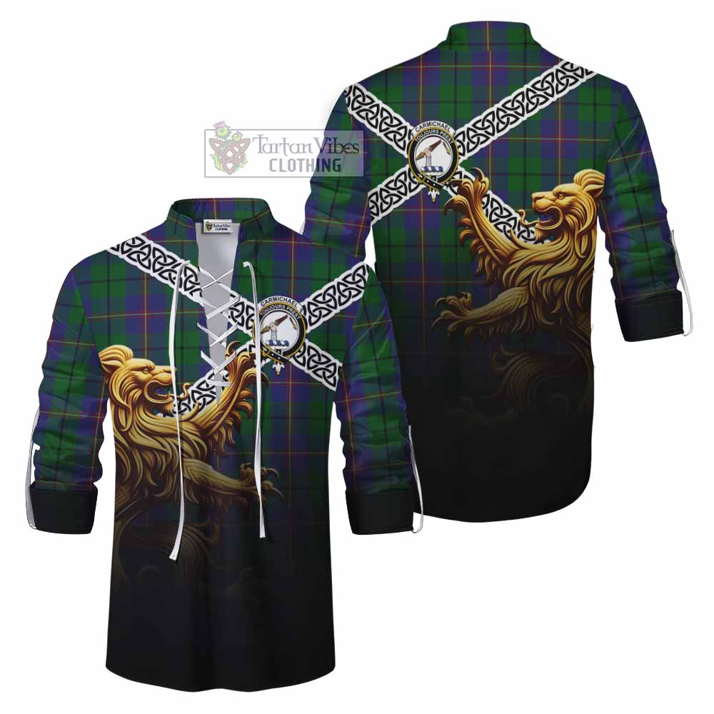 Tartan Vibes Clothing Carmichael Crest Tartan Ghillie Kilt Shirt with Golden Lion Emblem Celtic Style