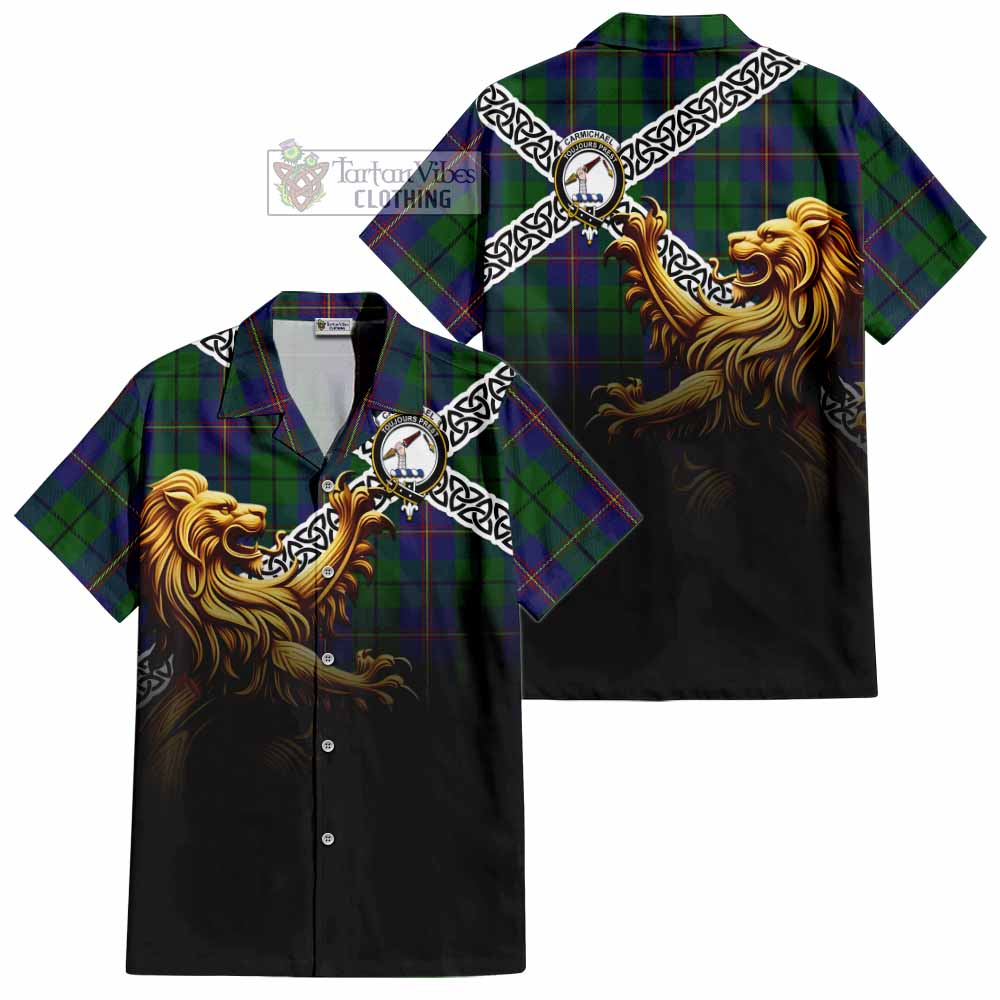 Tartan Vibes Clothing Carmichael Crest Tartan Short Sleeve Button Shirt with Golden Lion Emblem Celtic Style