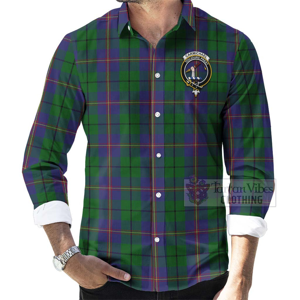 Tartan Vibes Clothing Carmichael Tartan Long Sleeve Button Shirt with Family Crest and Bearded Skull Holding Bottles of Whiskey