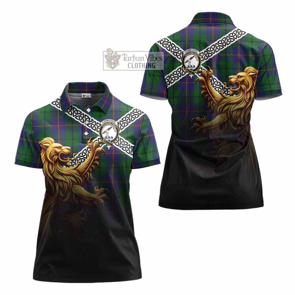 Tartan Vibes Clothing Carmichael Crest Tartan Women's Polo Shirt with Golden Lion Emblem Celtic Style