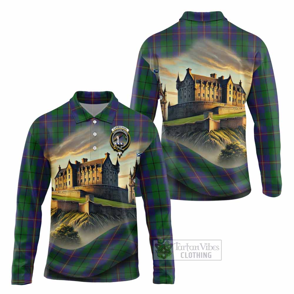 Tartan Vibes Clothing Carmichael Tartan Family Crest Long Sleeve Polo Shirt with Scottish Ancient Castle Style