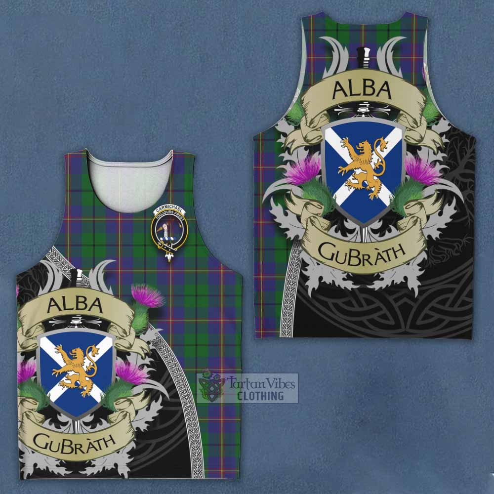 Tartan Vibes Clothing Carmichael Tartan Family Crest Men's Tank Top Lion Rampant Royal Thistle Shield Celtic Inspired