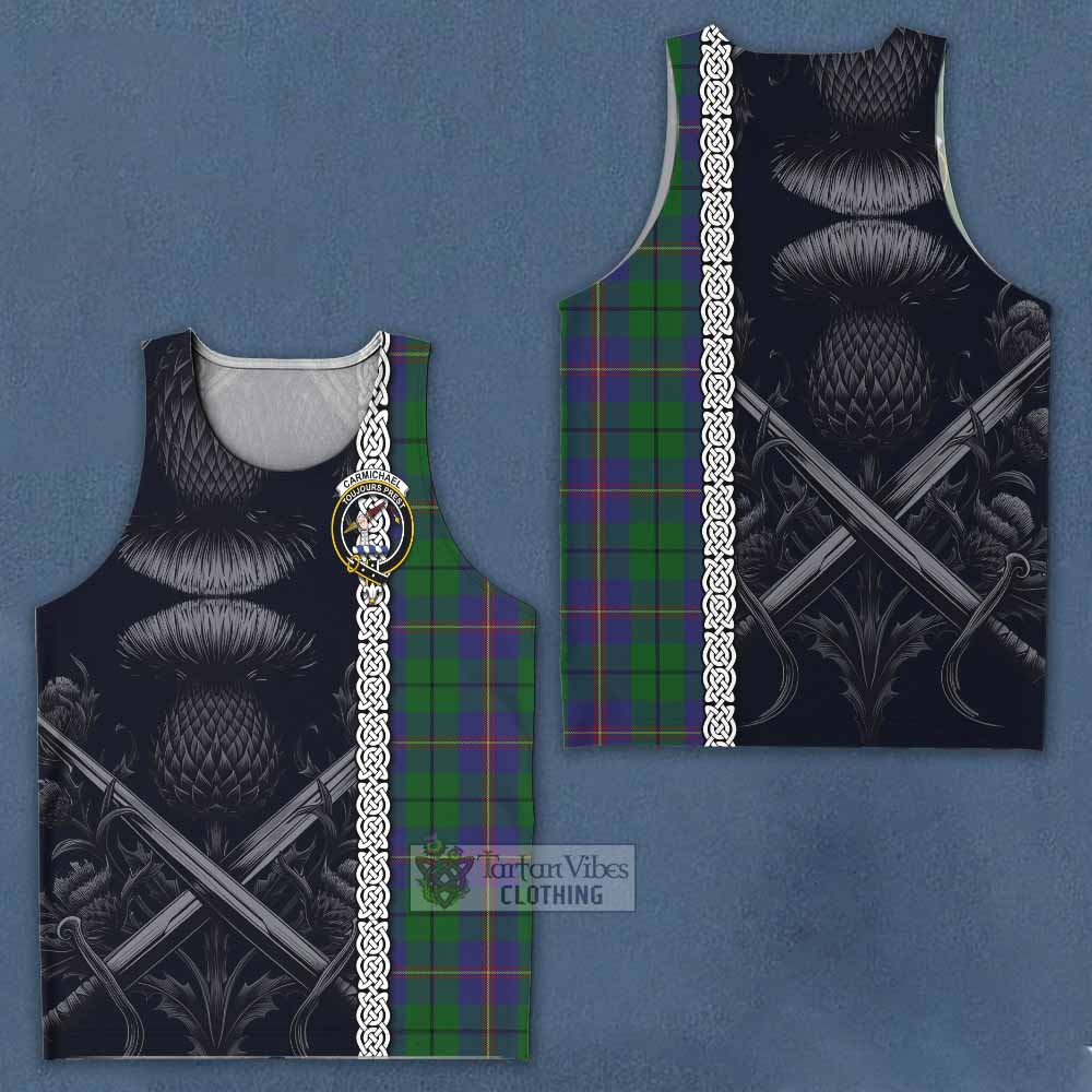Tartan Vibes Clothing Carmichael Tartan Men's Tank Top with Family Crest Cross Sword Thistle Celtic Vibes