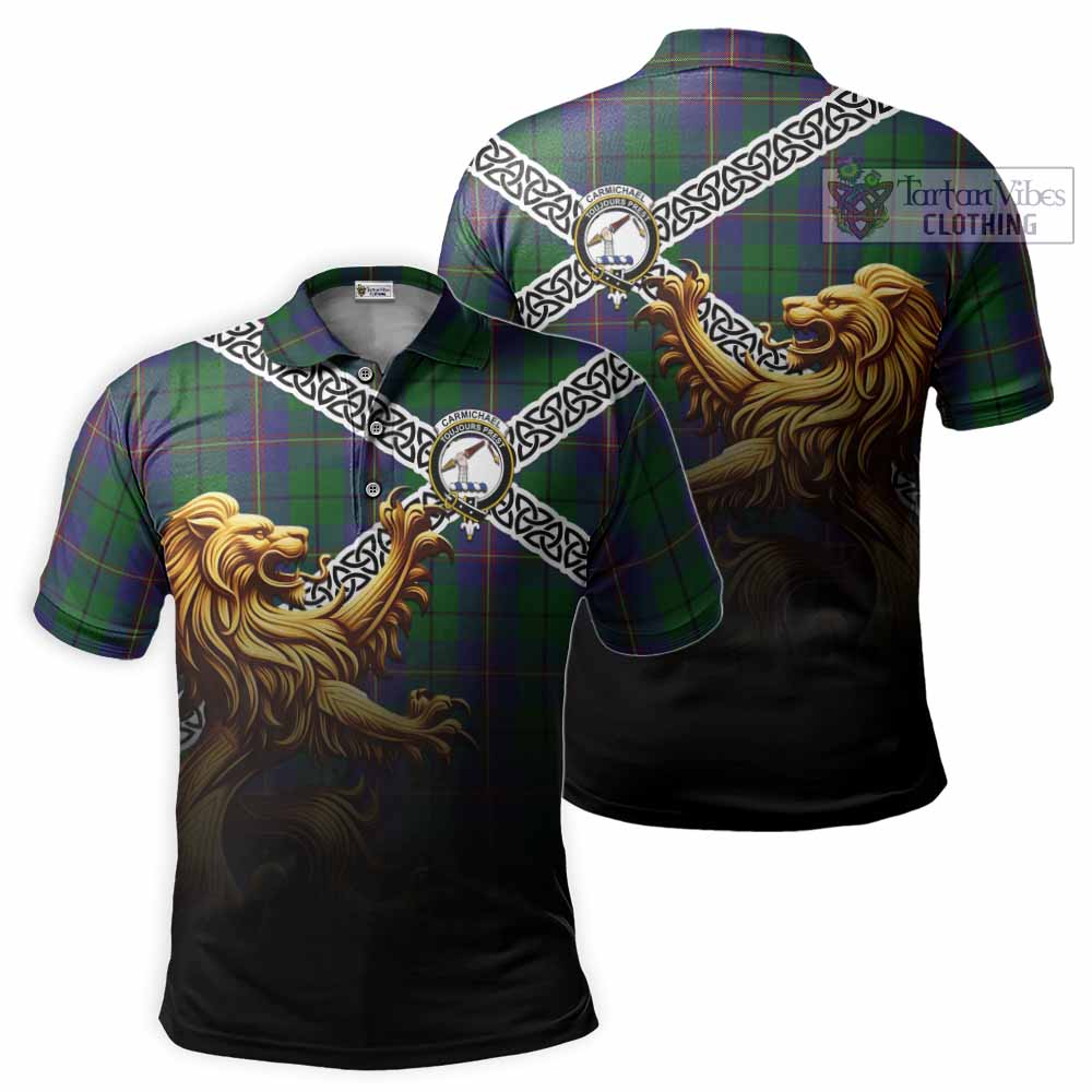 Tartan Vibes Clothing Carmichael Crest Tartan Polo Shirt with Golden Lion Emblem Celtic Style