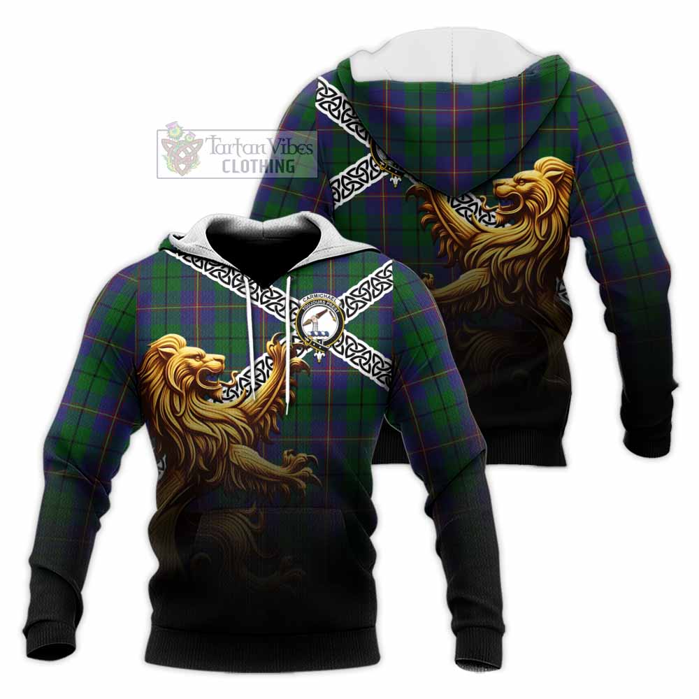 Tartan Vibes Clothing Carmichael Crest Tartan Knitted Hoodie with Golden Lion Emblem Celtic Style
